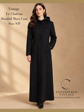 ✨Vintage Le Chateau Black Wool Hooded Maxi Coat Made in Canada S/P✨